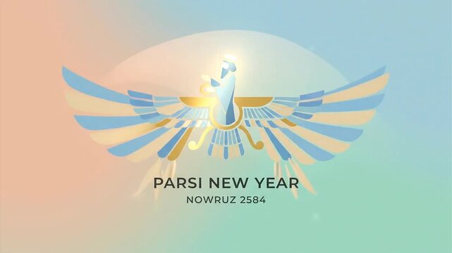 Parsi New Year Celebration with Faravahar Symbol and Nowruz 2584 Greeting.