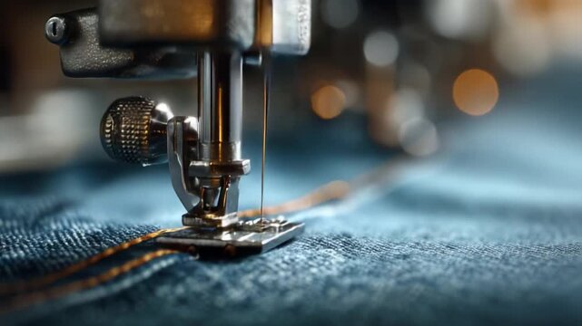 A close-up view of a sewing machine in action, focusing on the needle and the intricate stitching process on denim fabric, showcasing artistry and precision in textile crafting.