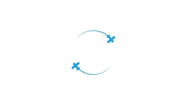 Minimalist animation of two blue airplanes flying in a circular motion with dashed line trails on a white background, symbolizing global travel, aviation logistics, and world flight routes
