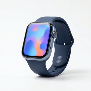 A modern smartwatch with a vibrant abstract display and a dark blue band on a white background.