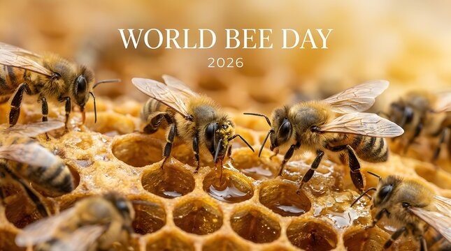 World Bee Day 2026 Golden honeycomb structure with working honey bees inside