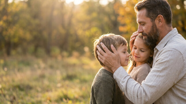 Father gently blessing his children in a sunlit meadow, surrounded by autumn foliage, creating a warm and serene family moment