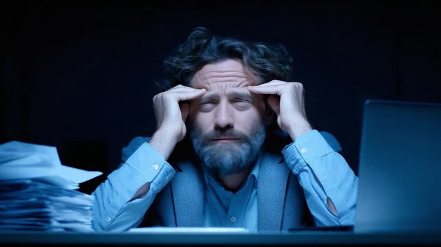 A Frustrated Individual Struggles with Stress and Overwork Late at Night, Surrounded by Piles of Paperwork and an Unlit Computer Screen