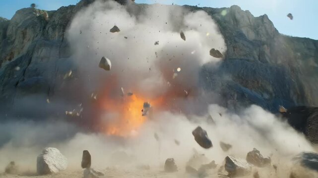 Dynamite blast explodes rock face in quarry with flying debris