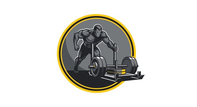 Muscular athlete performing heavy sled push exercise in gym.