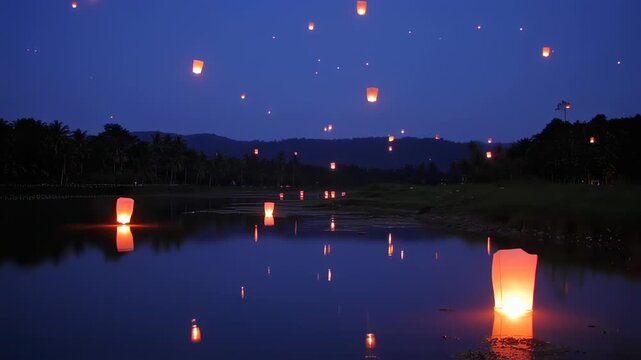 Sky lanterns floating over calm lake at night