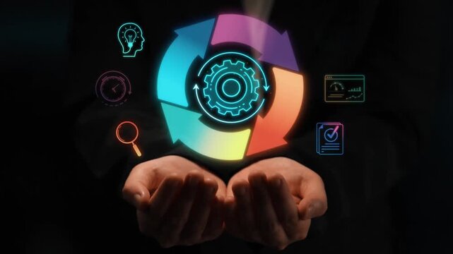 Hands Holding Colorful Gears and Icons Representing Innovation, Technology, and Business Strategies for Future Developments Sigmoid
