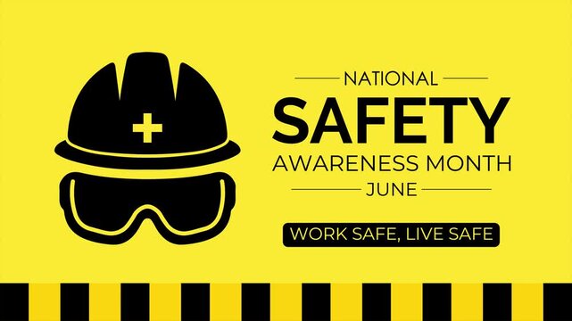National safety awareness month animation with protective helmet. Construction safety campaign video with protective gear illustration.