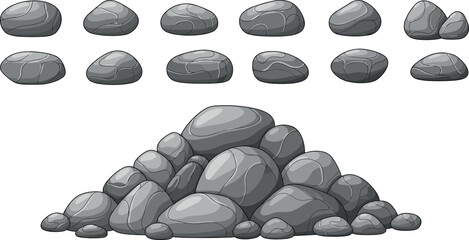Set of Smooth Grey Stone and Rock Vector Icons with a Large Pile Isolated on White Background © MstSuraiya