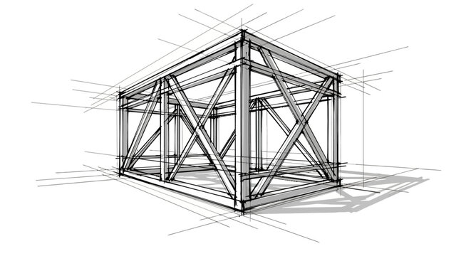 Dynamic hand-drawn architectural framework sketch, illustrating structural engineering design and construction principles with expressive line art and abstract perspective view