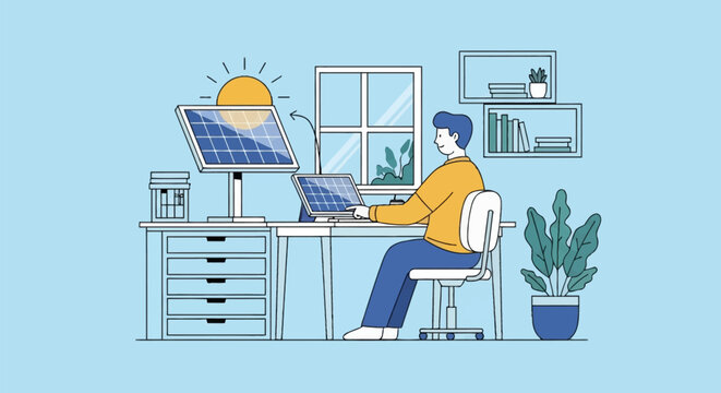 Flat vector illustration of a man working at a desk using a tablet powered by a solar panel, featuring a home office interior with a window, shelves, potted plants, and sun icon.