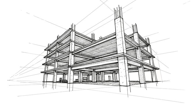 Architectural sketch of a multi-story concrete building under construction, showcasing its structural framework and perspective lines, an artist's preliminary design concept