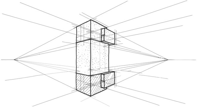 Architectural perspective drawing of a multi-story building with geometric shapes and vanishing points, illustrating the principles of three-point perspective in art and design education