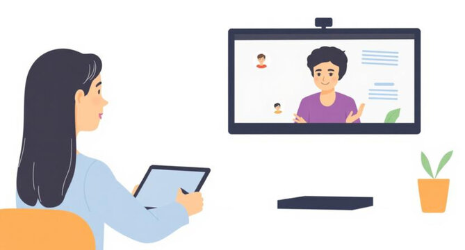 Vector illustration of a business woman using a laptop and tablet pc to manage internet technology and office network communication