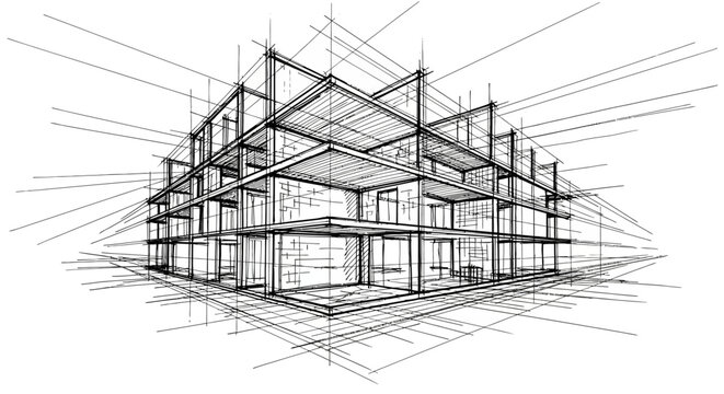 Intricate hand-drawn architectural sketch depicting the structural framework of a contemporary building, an abstract design concept for construction and urban planning