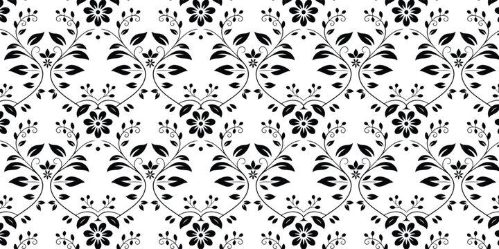 Black floral damask pattern on white background floral pattern