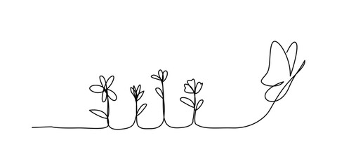 Editable vector continuous line drawing of a butterfly flying away from flowers in minimalist style, freedom concept. © OrawanWongka