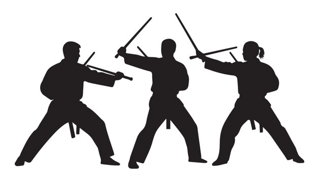 black and white silhouette set of Arnis Player very high quality vector illustration.