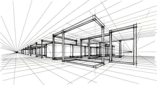 Conceptual architectural perspective line drawing illustrating modern urban structures and abstract building frameworks on a vanishing grid plane