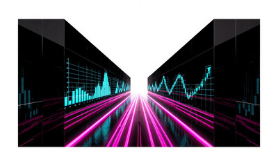 Fototapeta premium Virtual Black Corridor of Infinite Growth - Polished black walls glowing in magenta and cyan neon, holographic financial charts stretch
