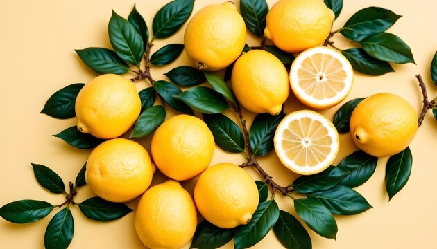 Vibrant Lemon Still Life with Green Foliage Bright Light