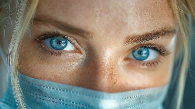 Close-Up of a Woman with Striking Blue Eyes and a Protective Mask, Capturing the Emotional Depth and Humanity in a Unique Moment During Challenging Times