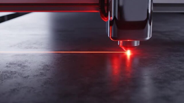 Industrial laser cutter engraving dark metal surface close up