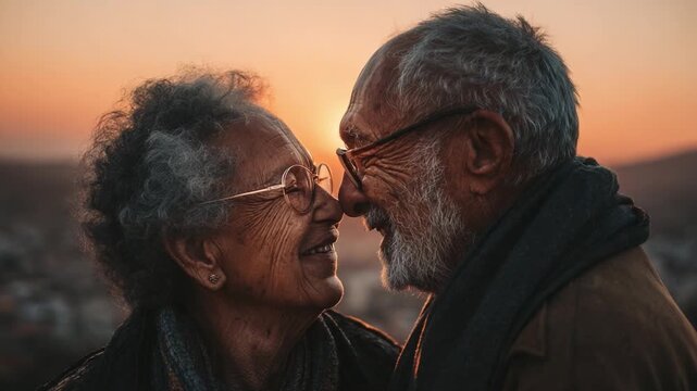 An Endearing Moment Captured: Two Elderly Lovers Sharing Laughter and Affection Against a Breathtaking Sunset Backdrop, Celebrating Their Lifelong Bond