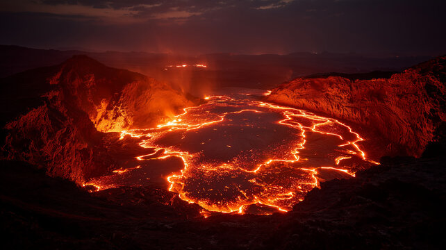 Aerial view of volcanic eruption with glowing lava flow at night dramatic natural disaster scene