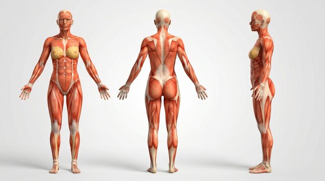 Female muscular system anatomy with multiple views of the human body