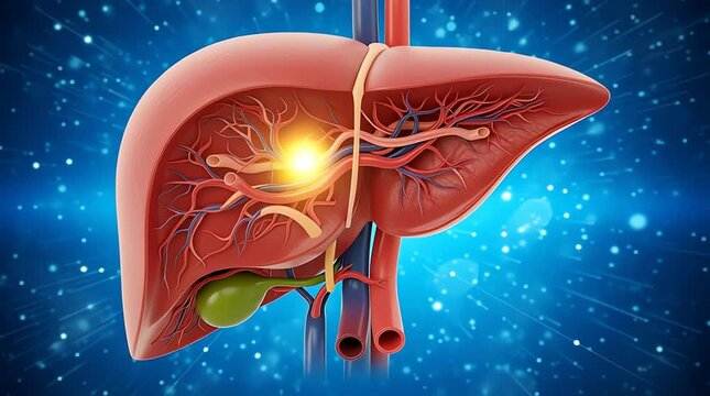 The liver with a glowing spot near vessels and bile ducts in an Animation video close-up view.