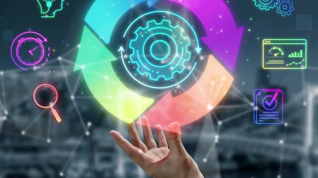 Colorful Digital Transformation Concept with Gears and Infographic Icons Representing Process and Innovation in Modern Business Environments Sigmoid