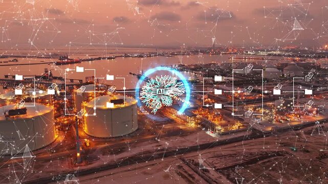 Glowing digital AI management icons and big data flow overlaid on an LNG terminal and industrial refinery at sunset. Smart energy technology, IoT infrastructure, and automated supply chain.