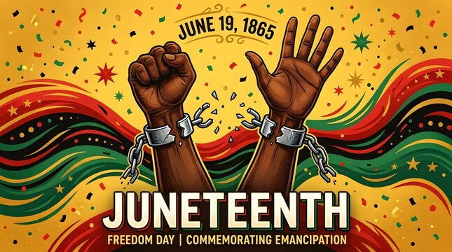 Horizontal banner featuring broken chains and Pan-African waves on a yellow background.