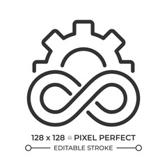 Plakat Devops infinity pixel perfect line icon. Continuous never ending cycle of software development. Project management. Isolated vector illustration. Outline symbol. Simple linear drawing. Editable stroke