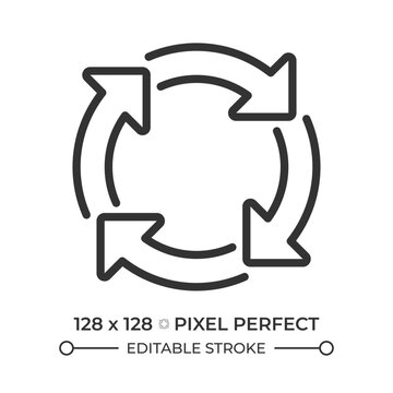Process pixel perfect line icon. Project management cycle. Round arrows performing continuous development. Isolated vector illustration. Outline symbol. Simple linear drawing. Editable stroke