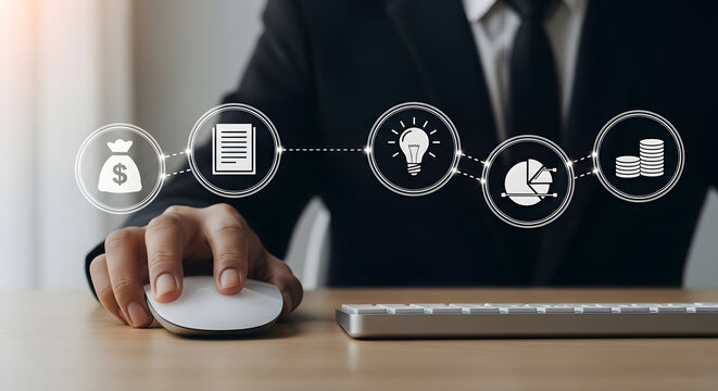 Businessman using computer mouse with finance icons on screen in office