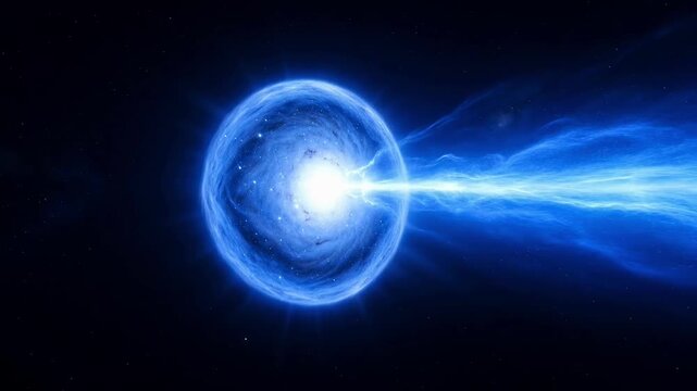 Massive elliptical galaxy emitting powerful blue energy jet