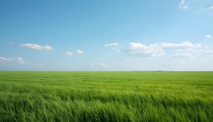 Fototapeta premium Open Green Grass Field Under Blue Sky Minimal Countryside Background