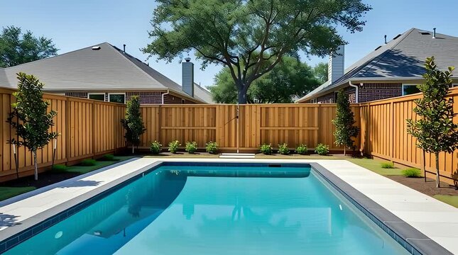 A serene backyard video showcases a tranquil pool scene with animation effects, surrounded by houses, trees, and a wooden fence on a sunny day.