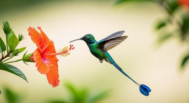 A stunning green hummingbird with a long tail hovering in mid-air to drink nectar from a bright orange hibiscus flower
