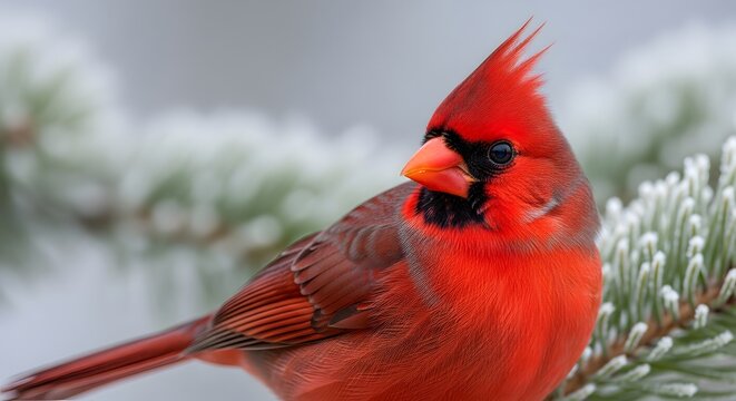 Vivid Red Cardinal Bird Perched on Pine Branch in Nature Scene.