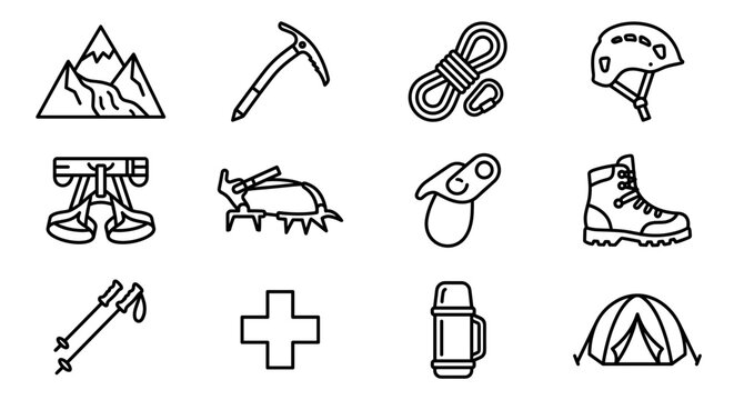 Mountaineering and alpinism line icon set. Featuring ice axe, rope, harness, and mountain peaks. Medium-weight stroke, clean minimalist design for climbing enthusiasts.