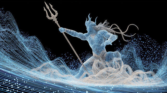 Digital wireframe illustration of a muscular Poseidon or Neptune figure rising from ocean waves with a trident, mythological god of the sea in futuristic technical style.