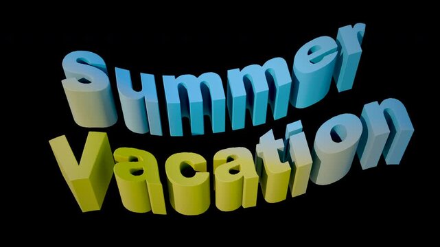 Summer Vacation 3D text animation, vibrant blue and yellow kinetic typography, seasonal holiday motion graphic on transparent background