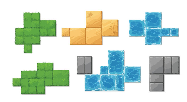 Isometric game terrain tiles vector set, stylized grass sand water and stone block textures, 2D platformer environment map assets