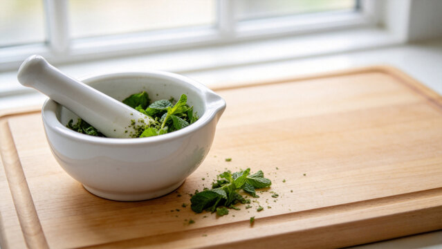 Mortar pestle with fresh mint