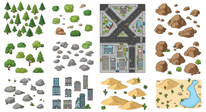 Isometric game map assets collection, cartoon landscape elements with trees and rocks, city buildings and desert terrain vector set for world building