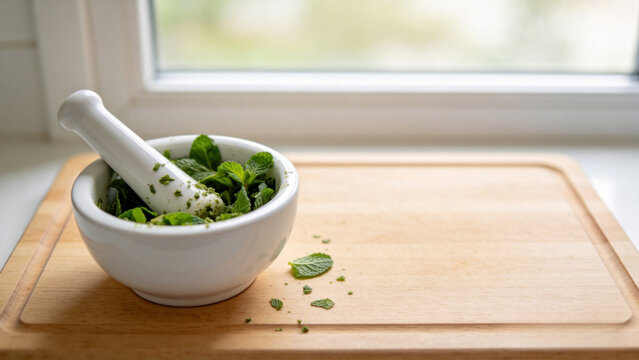 Mortar pestle with fresh mint
