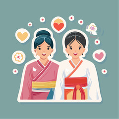 Fototapeta premium Two Women in Kimonos with Hearts and Flowers